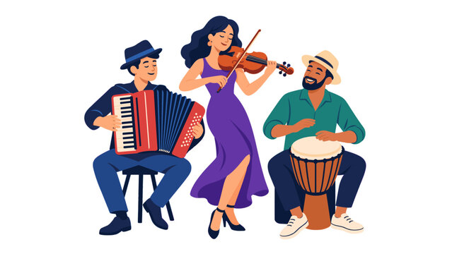 Musicians performing with violin accordion and hand drum