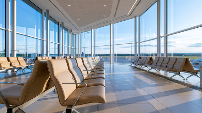 Clean airport passenger lounge with aligned upholstered seats and broad windows overlooking the apron white ceiling panels and slender metal supports creating a spacious