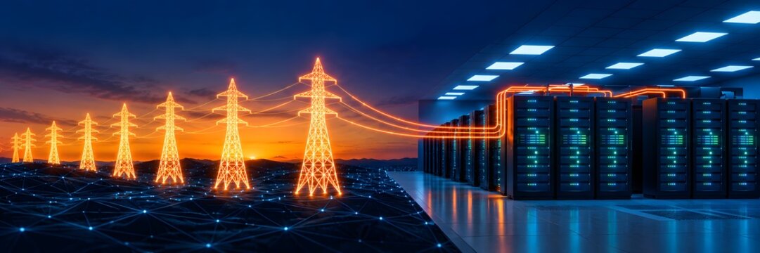 Glowing orange high voltage electrical transmission towers supplying massive power capacity directly to modern digital data center server racks highlighting cloud computing energy consumption