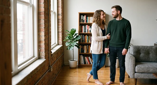 A young couple standing together in a bright loft, sharing a warm, affectionate gaze and gentle touch in a cozy indoor setting.