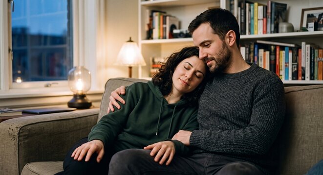 Candid view of an affectionate couple embracing peacefully on a cozy living room sofa in warm evening light.