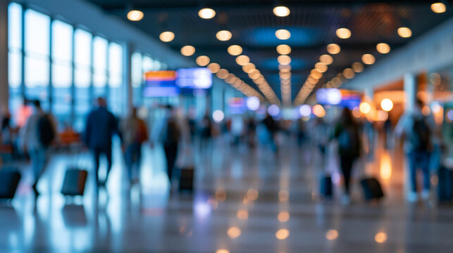 Wide defocused view of a busy airport terminal with motion blurred travelers crossing the concourse suitcase shapes and ceiling lights merging into soft color bands natural
