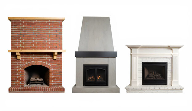 Collection of three different fireplaces including traditional brick, modern concrete, and classic white designs isolated on a white background