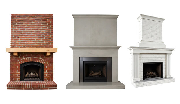 Collection of three different fireplaces including traditional brick, modern concrete, and classic white designs isolated on a white background