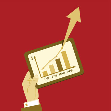 Business Financial Growth Vector Illustration - Hand Holding Tablet with Monthly Sales Chart and Upward Arrow Concept on Red Background