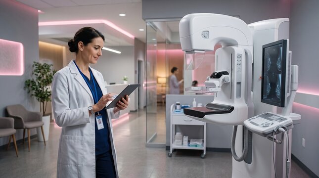Doctor reviews mammogram results on tablet next to advanced medical screening equipment in modern clinic