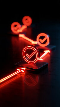 Three red neon checkmark circles linked by evenly spaced luminous arrows on a dark display clean geometric sequence reflected across a glossy tabletop a simple completed process