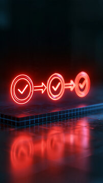 Three red neon checkmark circles linked by evenly spaced luminous arrows on a dark display clean geometric sequence reflected across a glossy tabletop a simple completed process