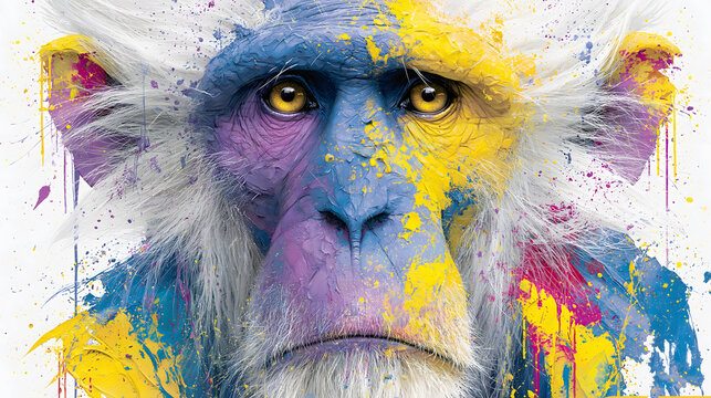Bright colors cover the face of a monkey with a serious expression surrounded by splashes of paint