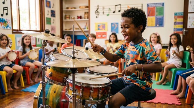 Joyful young boy enthusiastically plays drums in a vibrant music class with diverse children learning instruments