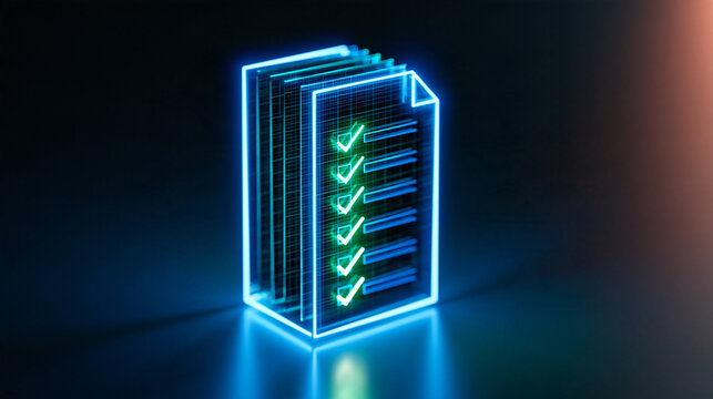 Neon outline of a digital document with a vertical row of completed checkboxes blue and green light reflected across a glossy charcoal surface crisp luminous lines surrounded