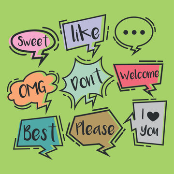 Hand Drawn Colorful Speech Bubble Vector Set - Trendy Comic Speech Balloons with Modern Text Phrases and Slang on Green Background