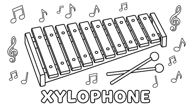 Educational black and white coloring page featuring a xylophone musical instrument with notes