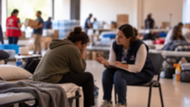 Psychological First Aid Worker Comforting Distressed Adult at Disaster Evacuation Center