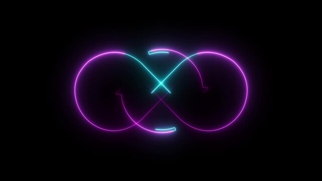 Dual colored neon infinity loop with directional arrows on a dark background