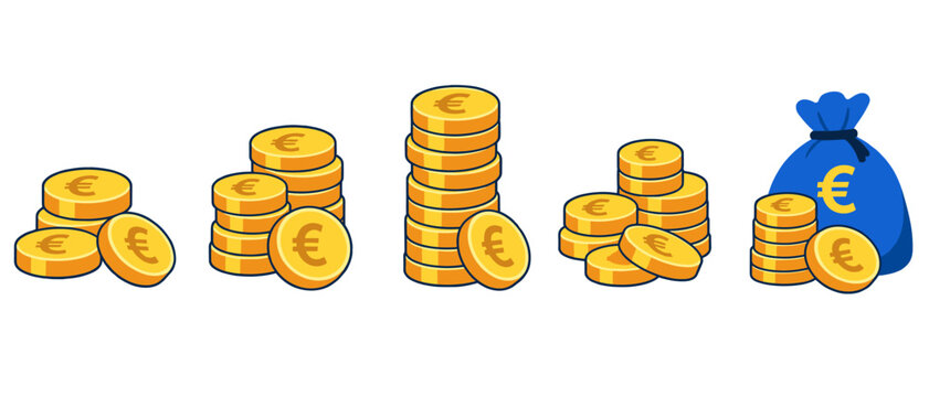 Euro coin stacks and money bag for savings