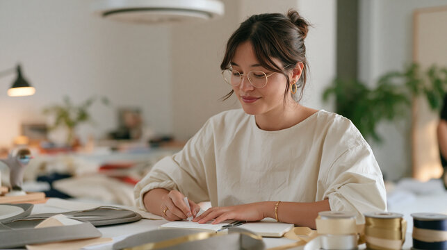 Millinery studio owner labeling hat block samples for seasonal tracking in a modest home workspace, a ceiling ventilation fan humming above, single professional at a cluttered