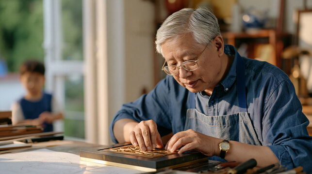An elderly xylographer carefully diagnoses a grain inconsistency in a carved woodblock in a quiet rural workshop, a small curious child watching from the doorway as faint OSINT