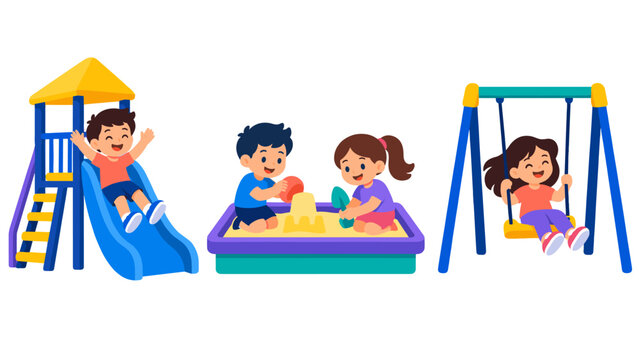 Children playing on playground equipment and in a sandbox