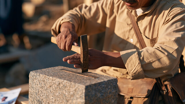 weathered stone mason sits in harsh midday sun outside a remote workhut, reaching for a chipped chisel on a rough granite block, sharpening the edge with slow deliberate strokes,