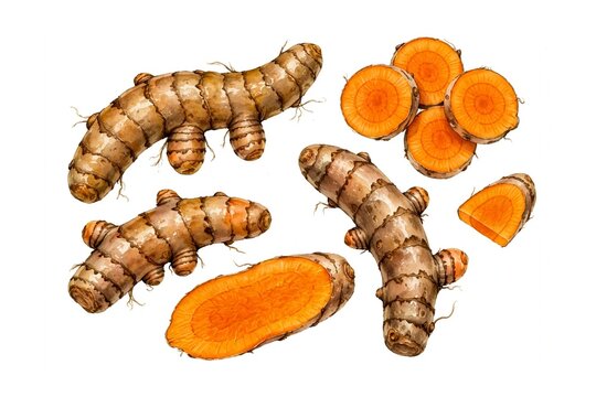Realistic watercolor turmeric roots kunyit sliced showing bright orange interior isolated on white