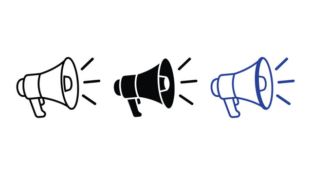 Three megaphones in different outline and solid styles emitting sound waves for communication with megaphones communication announcement bullhorn