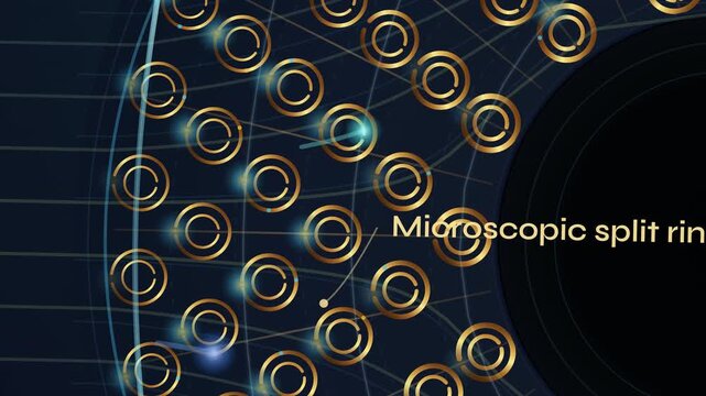 Abstract animation of anisotropic spatial cloaking with microscopic split rings generating localized magnetic fields, showing graded resonator geometries bending electrical permittivity for invisibil