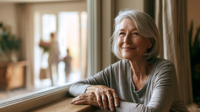 Elegant woman sitting beside a large living room window in a bright Scandinavian home, face gently transforming into a warm heartfelt smile as she notices family arriving outside