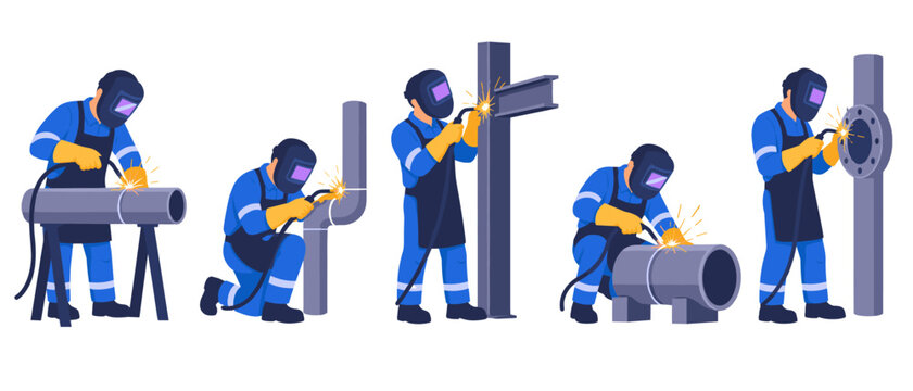 Industrial welders joining pipes and steel structures