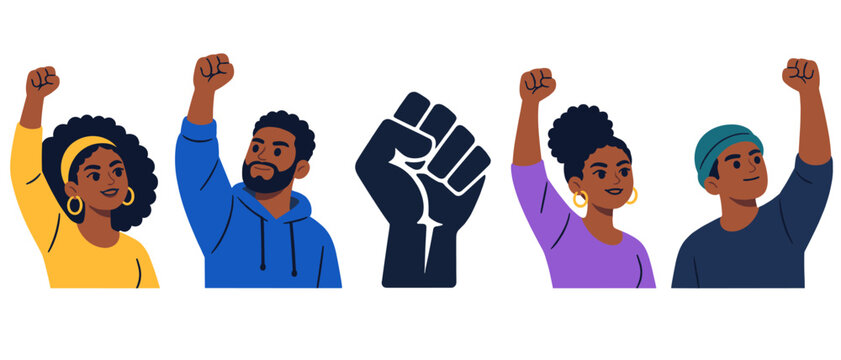 People raising fists with a central solidarity symbol