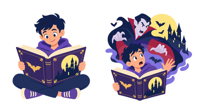 Boy reading a spooky book and reacting to a vampire