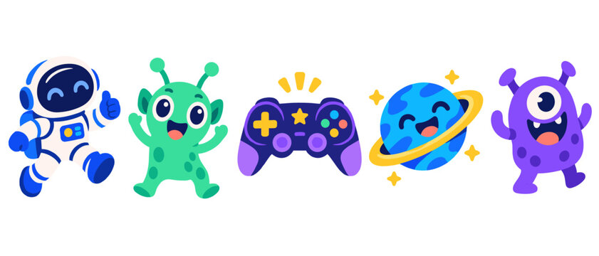 Cute astronaut and aliens with a game controller and planet
