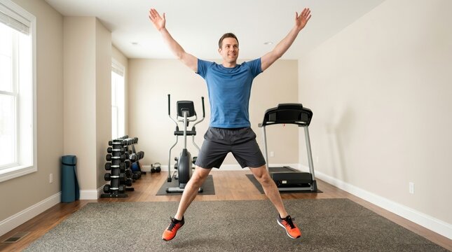 Fit man practicing jumping jacks in a home gym. Energetic male doing bodyweight cardio workout mid-air. Active healthy lifestyle
