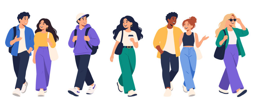 Diverse young adults walking in casual outfits