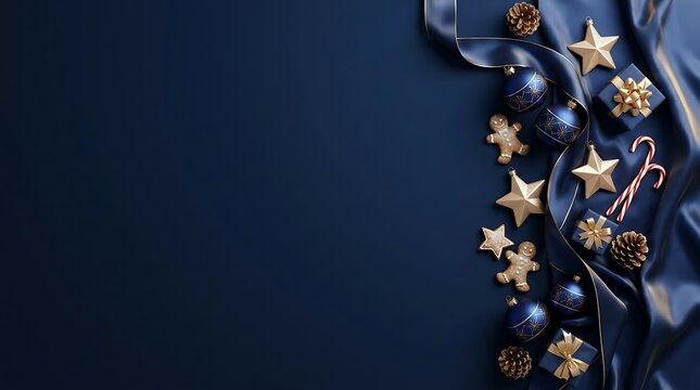 Festive christmas corner frame with ornaments and dark blue background for holiday season