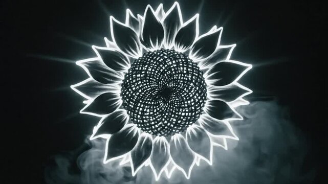 Abstract Glowing Sunflower with Illuminated Petals and a Dynamic Swirling Seed Head on a Dark Background
