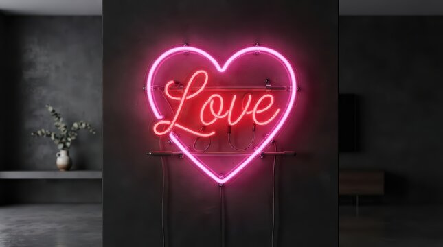 Bright pink neon heart sign with the word love glowing on a dark grey wall in a modern living room interior