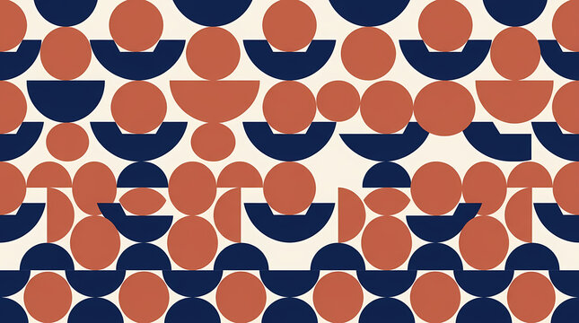 Abstract geometric pattern with terracotta circles and dark blue semicircles on a cream background.