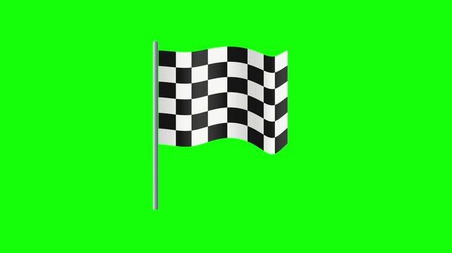 A black and white checkered racing flag waving dynamically in the wind on a metal pole.