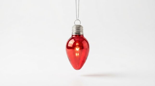 A red light bulb ornament hangs suspended against a plain white background. The bulb is shiny and reflective, with a metallic base and a string attached for hanging.