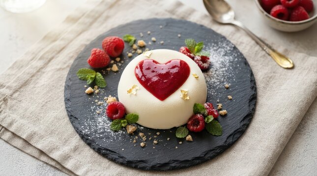 Delicious creamy panna cotta dessert with a red berry heart jelly topping and fresh raspberries on a stone plate