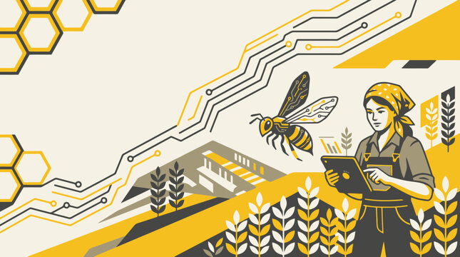 Smart farming concept featuring a female worker and a robotic bee