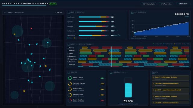 Explore a dynamic dark-mode fleet management dashboard animation showcasing vehicle tracking, utilization metrics, and delivery assignments in a visually engaging 4K loop.