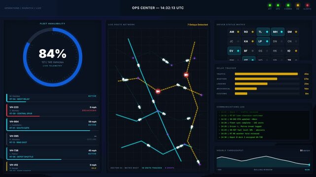 Experience a cinematic dark-mode transportation operations center dashboard featuring real-time truck monitoring, driver status, route analytics, and fleet availability in a seamless loop.