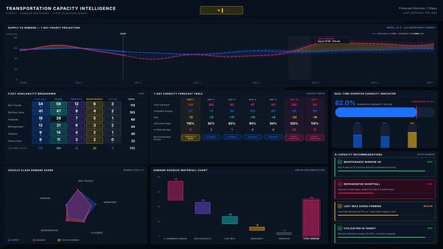 Explore a dark-mode transportation capacity dashboard that visualizes vehicle demand, available fleet, and utilization forecasts with vibrant colors and animated indicators.