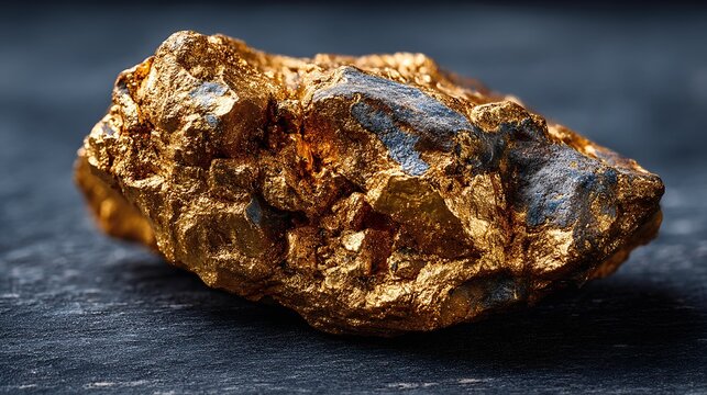 Exceptional high-resolution macro shot of raw gold nugget showcasing its natural splendor and details
