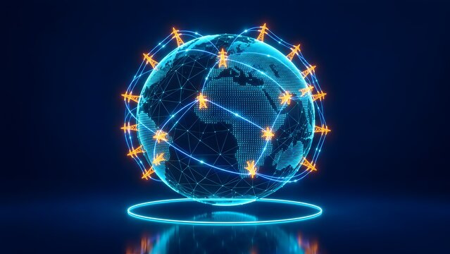 Futuristic glowing digital earth globe visualization displaying worldwide electrical transmission infrastructure and global smart energy grid network