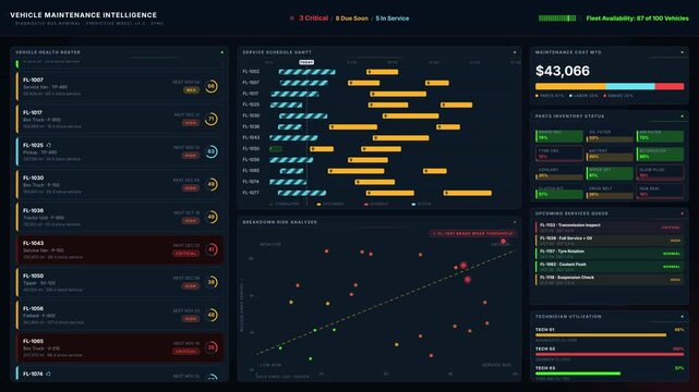 Explore a sleek, dark-mode vehicle maintenance dashboard animation that tracks service schedules, breakdown risks, and fleet availability with vivid color indicators for vehicle health.