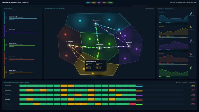 A sophisticated dark-mode regional fleet operations dashboard showcases real-time dispatch performance metrics, geographic KPI overlays, and delivery reliability across five distinct regions.