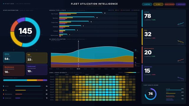 Explore a dark-mode fleet utilization dashboard that visually compares active, idle, maintenance, and underused commercial vehicles with vibrant color-coded data representations.